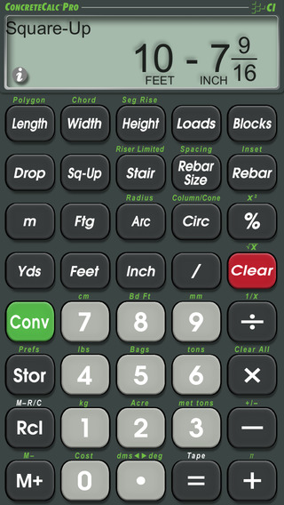 ConcreteCalc Pro -- Feet Inch Fraction Yards Metric Construction Math Calculator for Concrete and Ma
