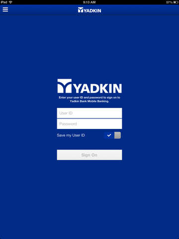 Yadkin Bank Mobile Banking for iPad
