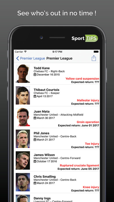 Sport Tips: Injuries And Suspensions - Football screenshot 2