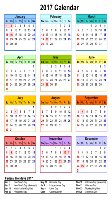 2017 Calendar Year Month Weeks Holiday Dates screenshot 2