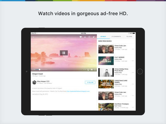 Screenshots of Vimeo for iPad
