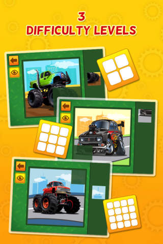 Monster Trucks and Sports Cars - puzzle game for little boys and preschool kids - Free screenshot 2