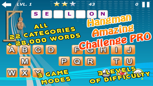Hangman Amazing Challenge PRO - hangman game with over 22 categories of words in English and French