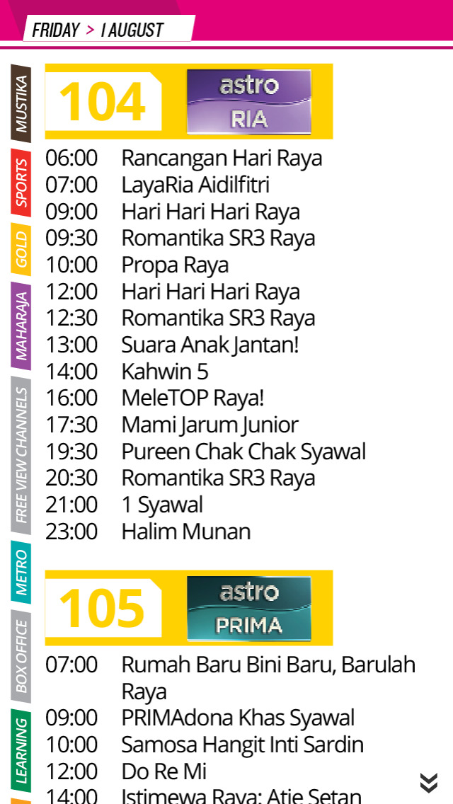 Astro ria schedule