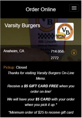 Varsity Burgers Online Ordering - náhled